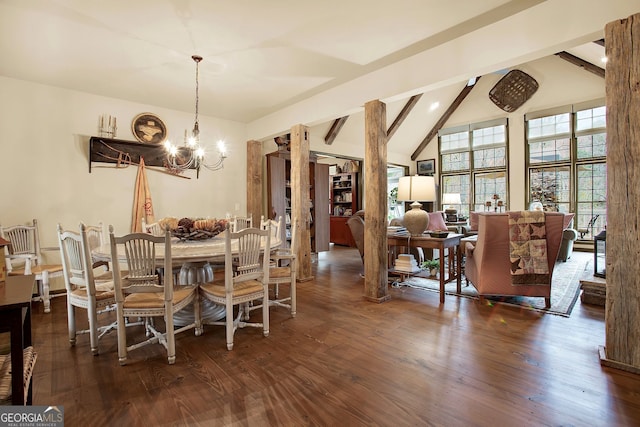 dining room featuring lofted ceiling with beams, dark hardwood / wood-style floors, and a notable chandelier