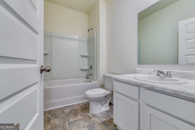 full bathroom with toilet, vanity, and tub / shower combination