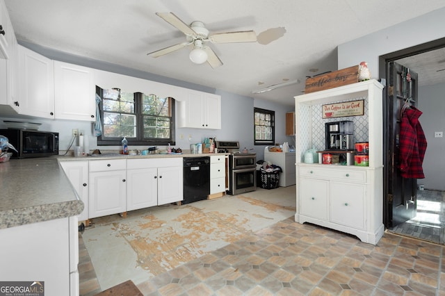 kitchen featuring white cabinetry, ceiling fan, and black appliances