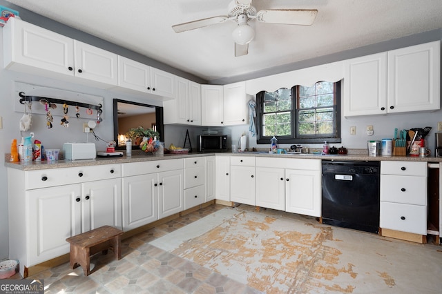 kitchen featuring white cabinetry, sink, ceiling fan, and black appliances