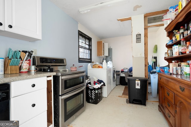 kitchen with white cabinetry, black dishwasher, double oven range, and independent washer and dryer