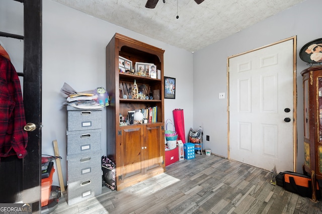 interior space with ceiling fan and wood-type flooring