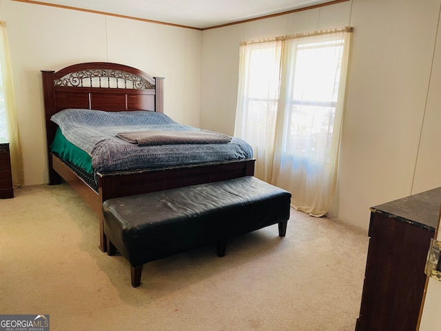 carpeted bedroom with crown molding