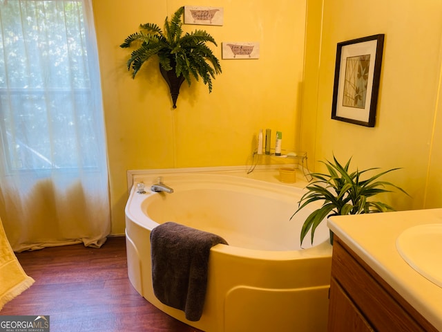 bathroom featuring a bath, vanity, and wood-type flooring