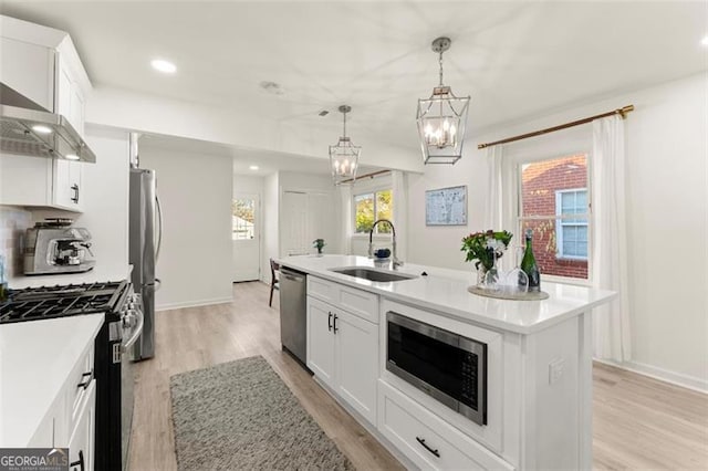 kitchen with appliances with stainless steel finishes, sink, white cabinetry, and an island with sink