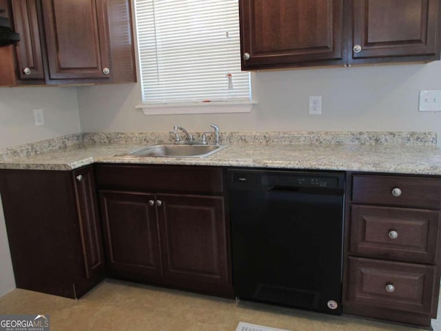 kitchen with dark brown cabinets, sink, and black dishwasher