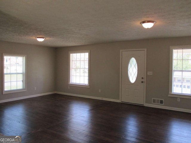 entrance foyer with a textured ceiling, a healthy amount of sunlight, and dark hardwood / wood-style floors