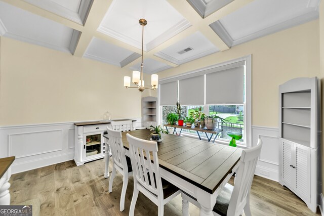 dining space with coffered ceiling, built in shelves, beam ceiling, light hardwood / wood-style flooring, and a notable chandelier