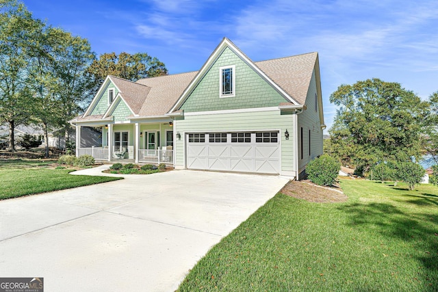 craftsman-style home with covered porch and a front lawn