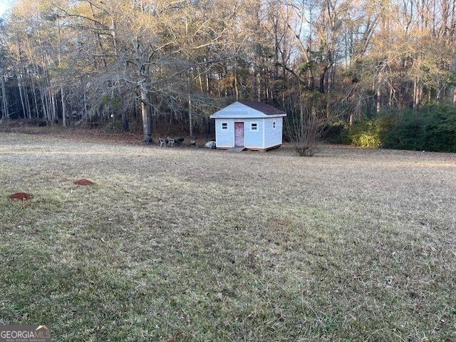 view of yard featuring a shed