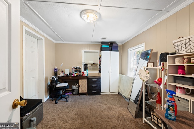 carpeted home office with crown molding