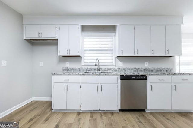 kitchen with white cabinets, dishwasher, light wood-type flooring, and sink