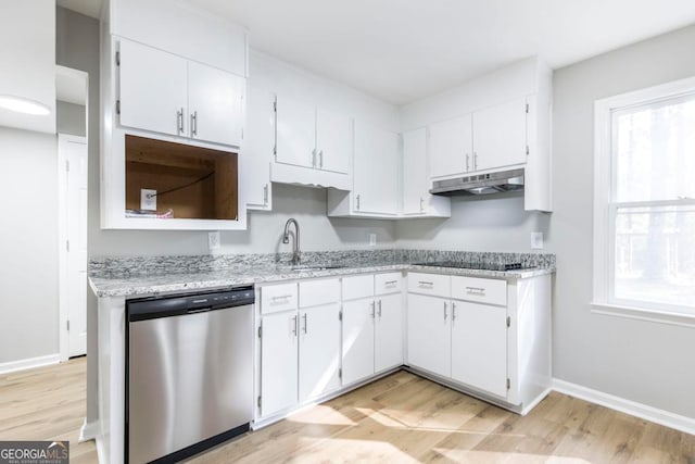 kitchen with white cabinets, dishwasher, light wood-type flooring, and plenty of natural light