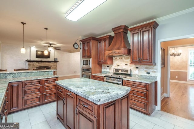 2505 Westchester Way, Conyers, GA 30013 - kitchen with stainless steel appliances, a ceiling fan, custom exhaust hood, light tile patterned floors, and tasteful backsplash