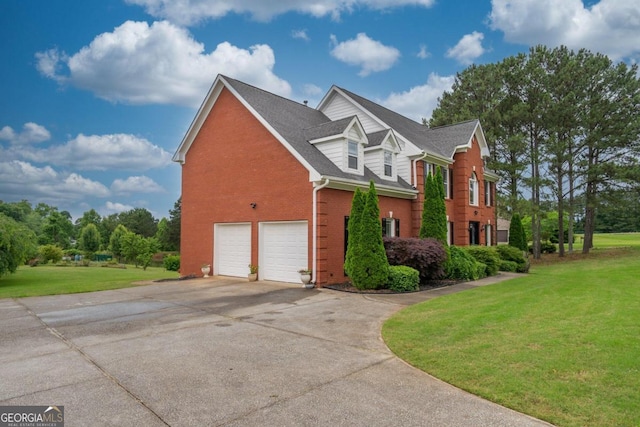 2505 Westchester Way, Conyers, GA 30013 - view of side of property with brick siding, a lawn, concrete driveway, and roof with shingles