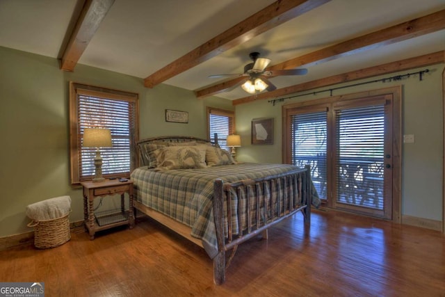 bedroom featuring beamed ceiling, ceiling fan, wood-type flooring, and access to outside