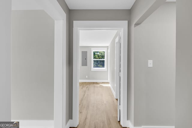 corridor with electric panel and light hardwood / wood-style flooring