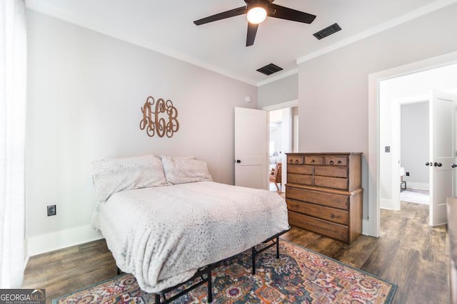 bedroom with ceiling fan, dark hardwood / wood-style flooring, and ornamental molding