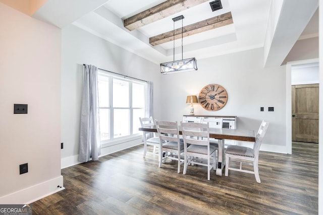 dining room featuring a raised ceiling, dark hardwood / wood-style flooring, and beamed ceiling