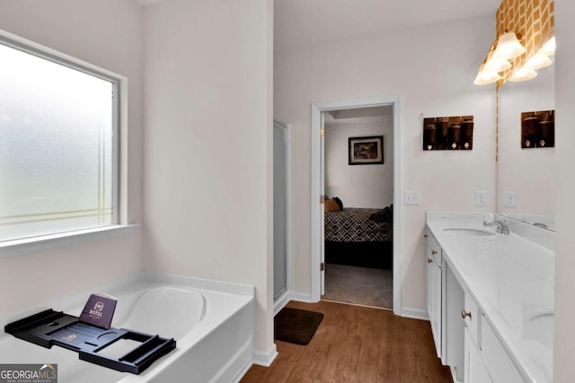 bathroom featuring hardwood / wood-style floors, vanity, and a bath