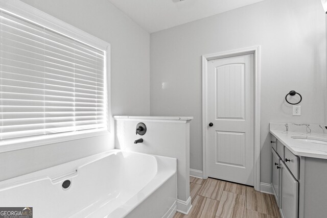 bathroom with a washtub and vanity