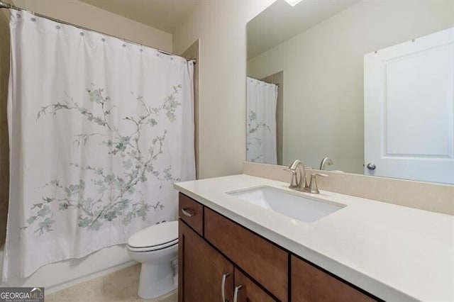 full bathroom with vanity, toilet, and shower / bath combo with shower curtain