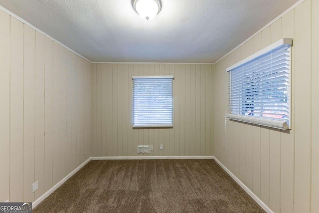 unfurnished room featuring carpet flooring and wood walls