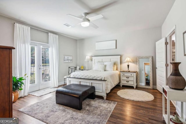 bedroom featuring access to outside, ceiling fan, french doors, and dark hardwood / wood-style floors