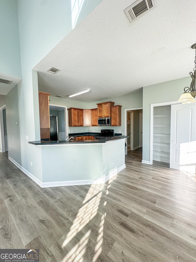 kitchen featuring kitchen peninsula, black electric range, and light hardwood / wood-style flooring