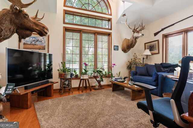 living area with a wealth of natural light and hardwood / wood-style floors