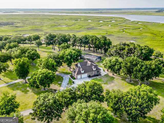 aerial view featuring a water view and a rural view