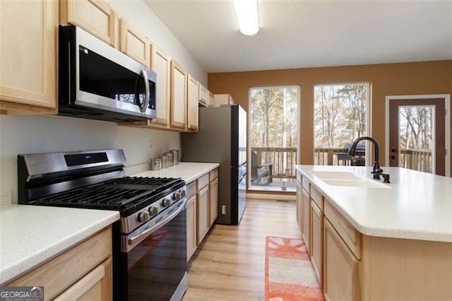 kitchen featuring light brown cabinetry, a sink, and appliances with stainless steel finishes