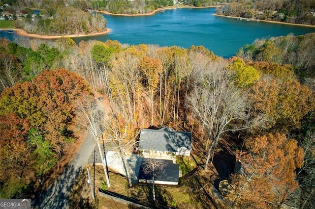 bird's eye view with a wooded view and a water view