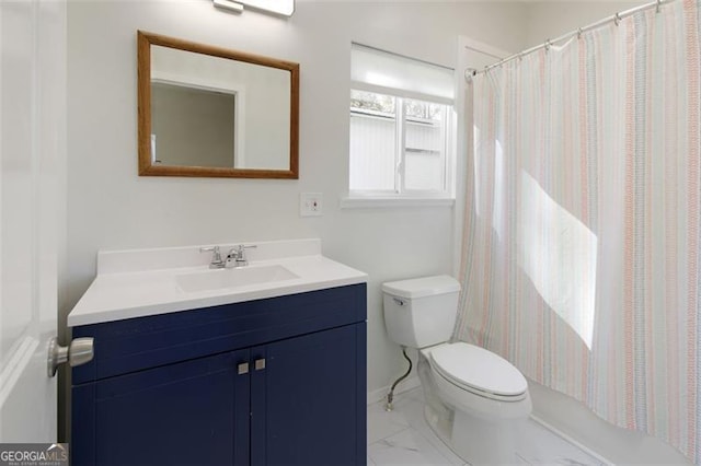full bath featuring marble finish floor, toilet, a shower with curtain, and vanity
