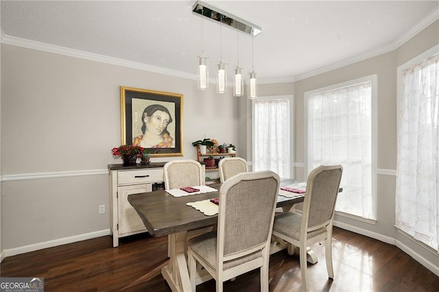 dining room with baseboards, dark wood-type flooring, and ornamental molding