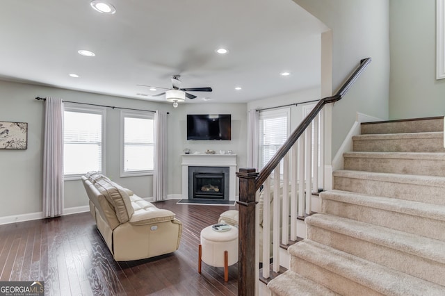 living room featuring ceiling fan and dark wood-type flooring