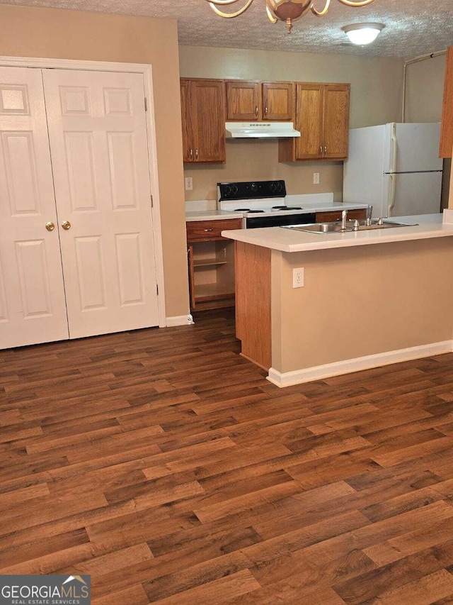 kitchen featuring sink, dark hardwood / wood-style flooring, white appliances, and a textured ceiling