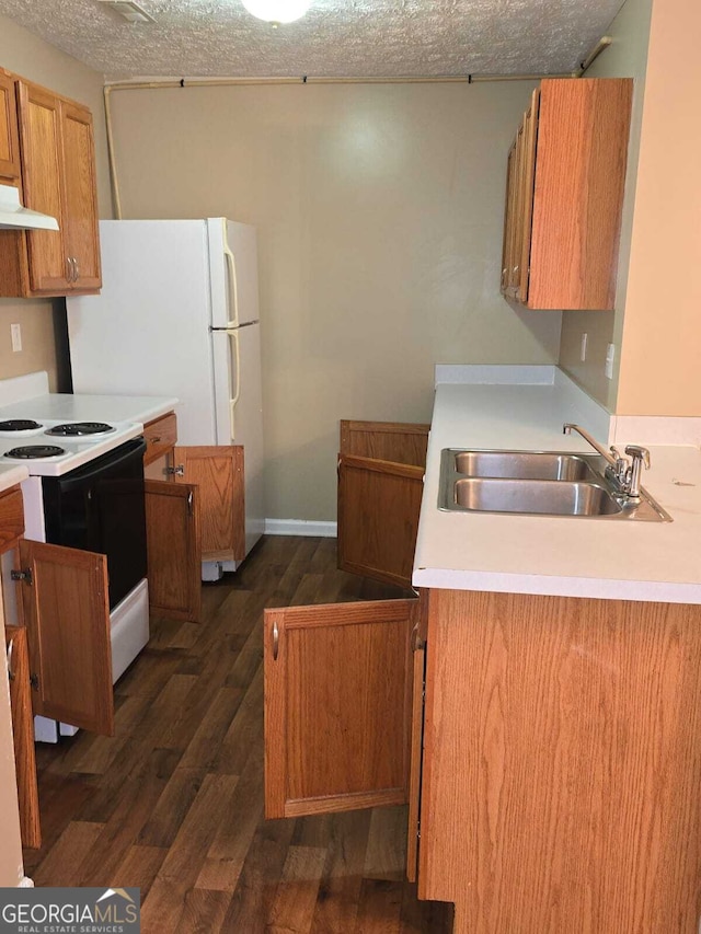 kitchen with exhaust hood, white electric range, sink, a textured ceiling, and dark hardwood / wood-style flooring