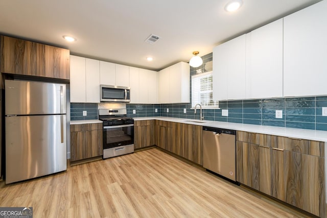 kitchen with appliances with stainless steel finishes, white cabinetry, sink, decorative backsplash, and light hardwood / wood-style floors