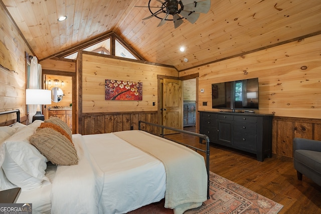 bedroom featuring wood ceiling, wood walls, dark wood-type flooring, and vaulted ceiling