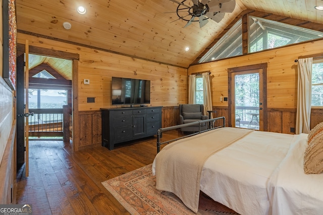 bedroom with dark hardwood / wood-style flooring, wooden ceiling, vaulted ceiling, and wooden walls