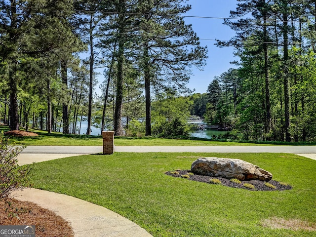 view of home's community with a lawn and a water view