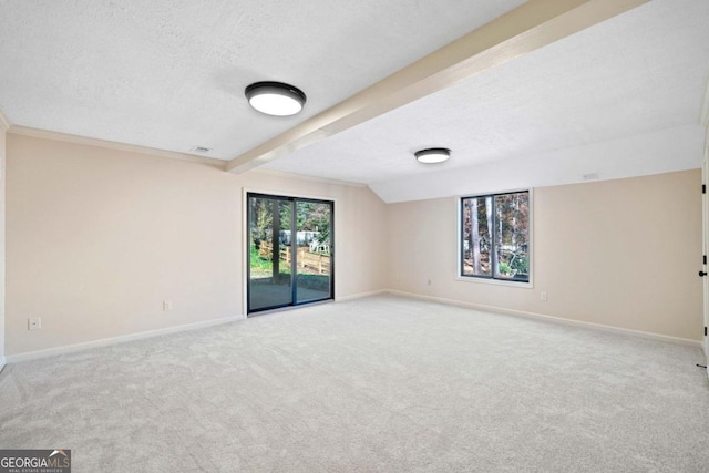 carpeted spare room featuring beam ceiling and a textured ceiling