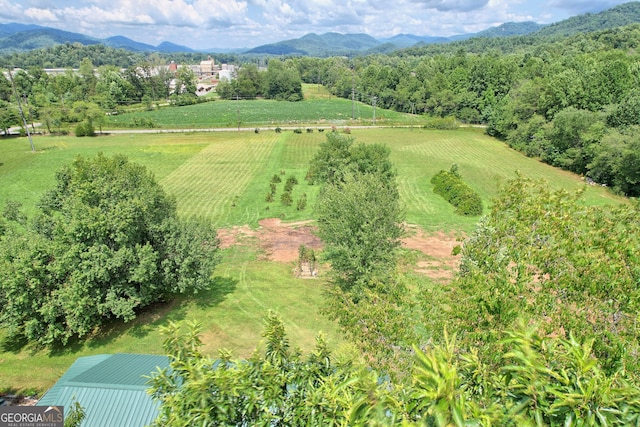 drone / aerial view featuring a mountain view and a rural view