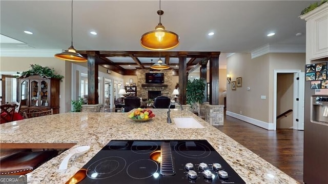 kitchen with light stone countertops, sink, hanging light fixtures, dark hardwood / wood-style flooring, and a fireplace