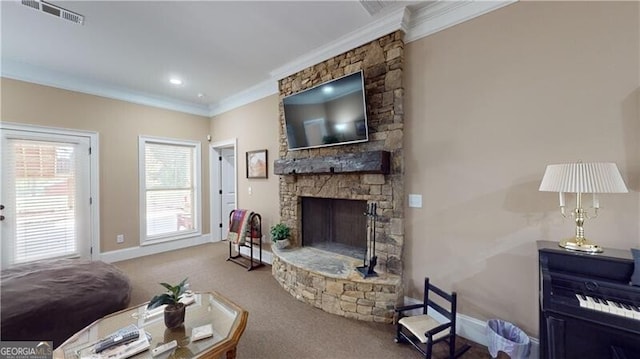 living room featuring a stone fireplace, carpet, and ornamental molding