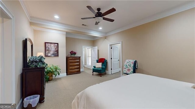 bedroom with ceiling fan, light colored carpet, and ornamental molding