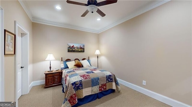 bedroom featuring ceiling fan, light carpet, and ornamental molding