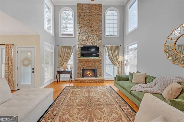 living room with ornamental molding, a stone fireplace, wood finished floors, and a towering ceiling