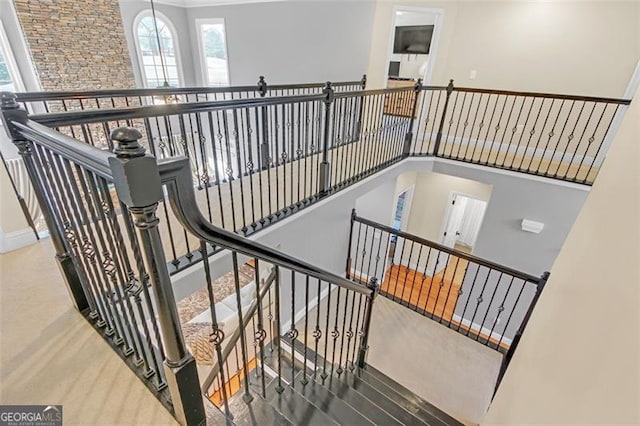 staircase with a towering ceiling